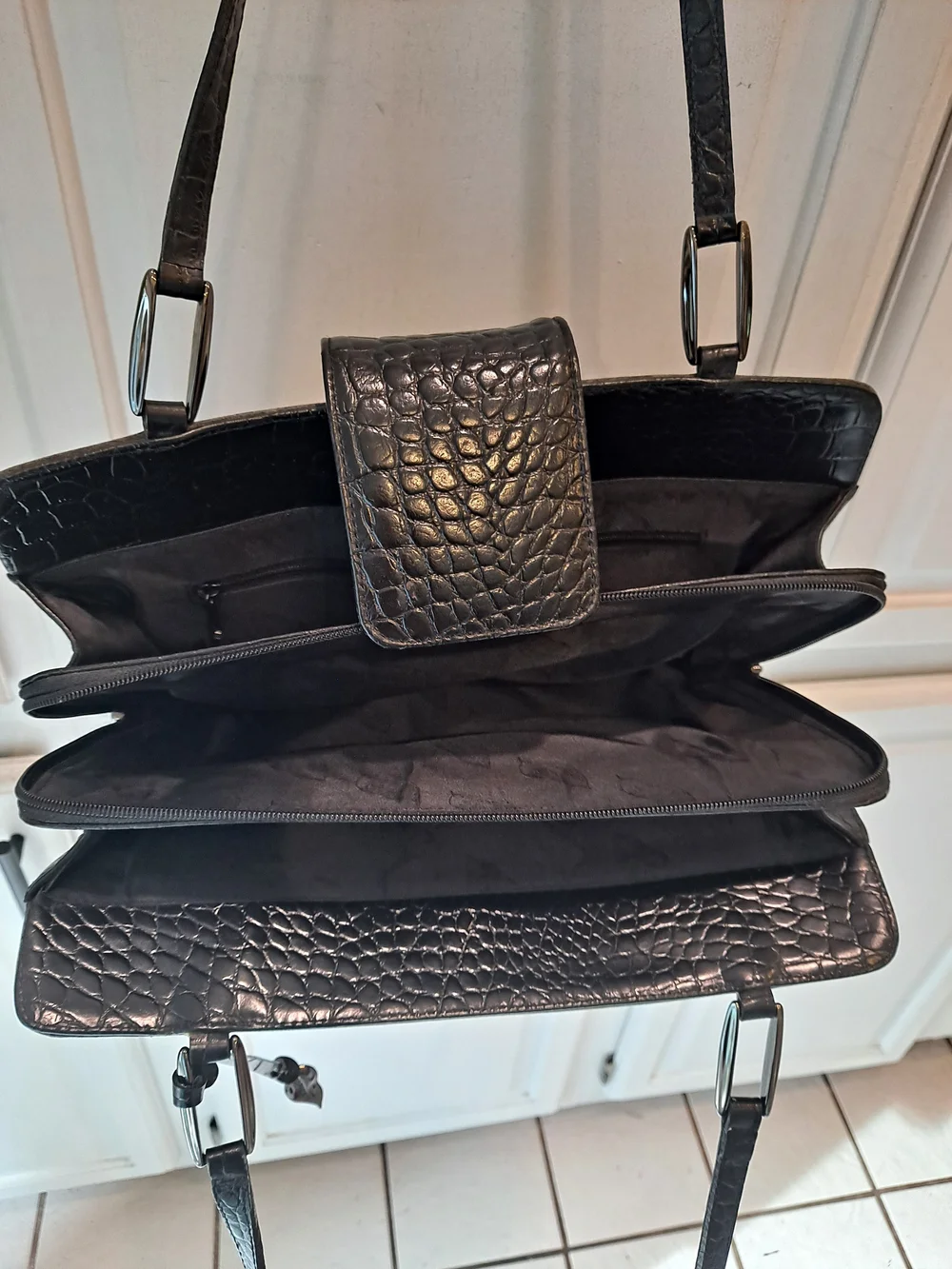 Dana B + Karen Gray Fabric Black Leather Trim Functional Modern Shoulder Bag